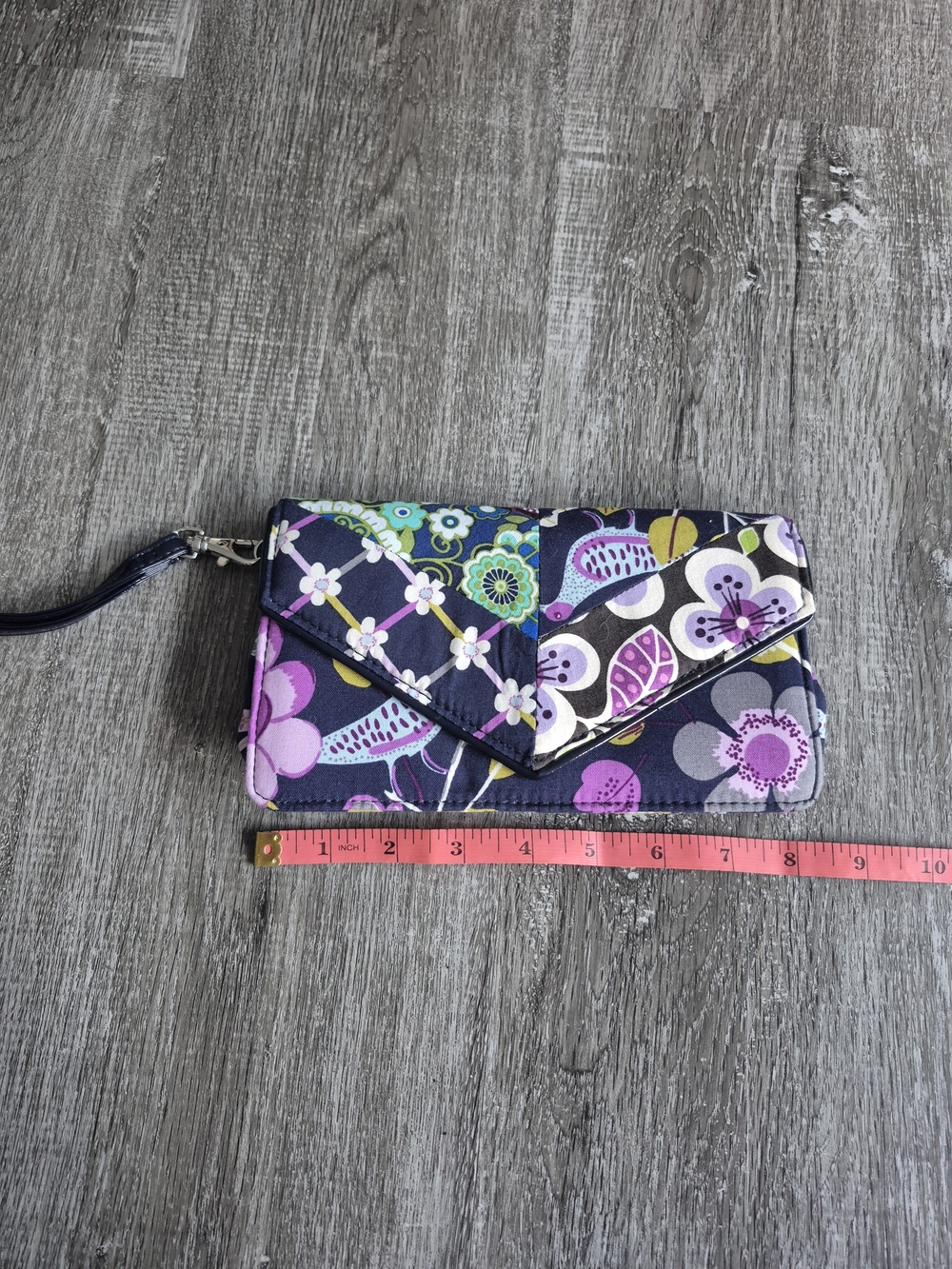 Vera Bradley Navy Floral Wristlet Wallet with Purple and Green Accents